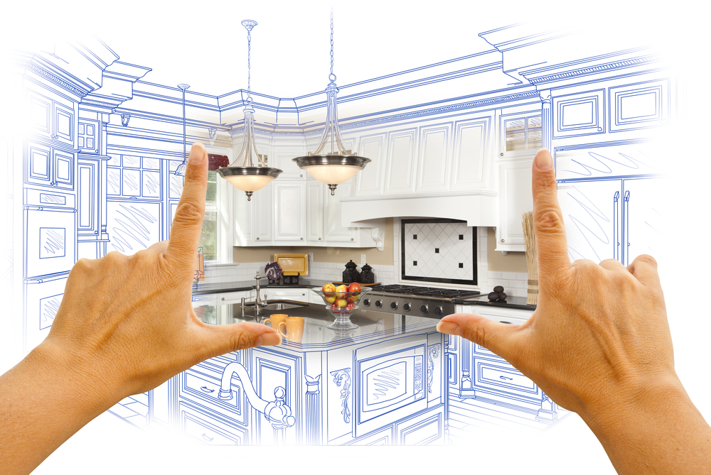 Female Hands Framing Custom Kitchen Design Drawing And Photo Combination.