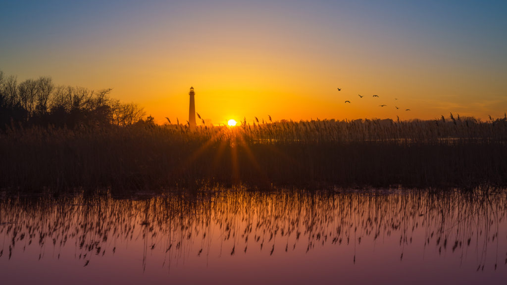 Cape May Lighthouse Sunset With Phragmites Reflecting In The Marsh.