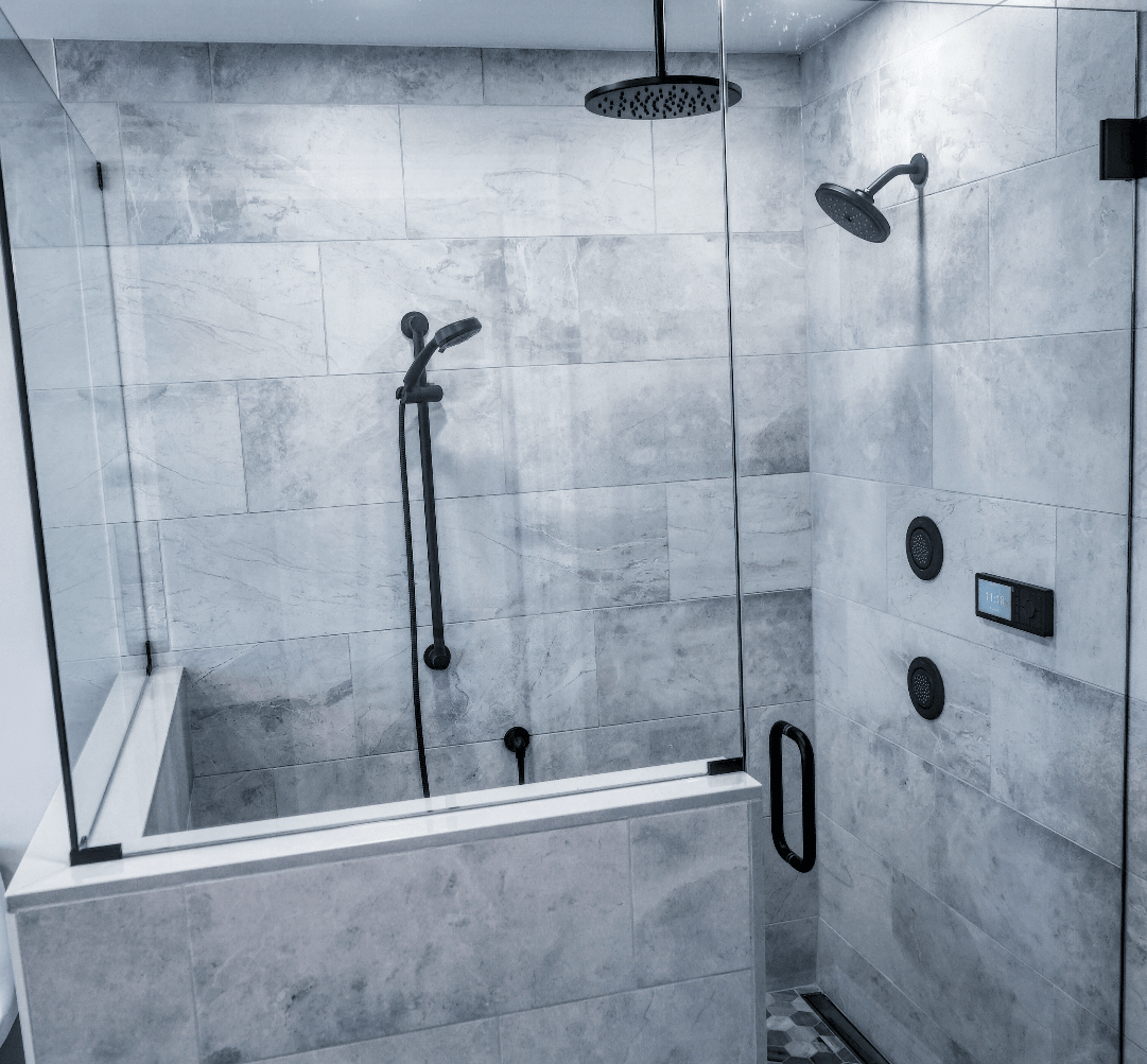 Full bathroom with large glass door shower from amiano and son construction