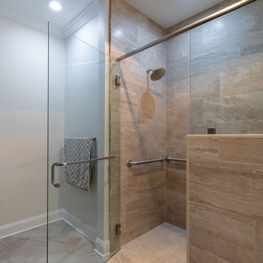 Bathroom remodel with two sinks and large shower from amiano and son